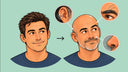 Illustration comparing a man at 30 and 50, showing how aging brings a bald head, longer eyebrow hairs, and increased ear and nose hair.