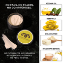 Hybrid pomade container with ingredients listed on a black background