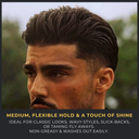 Close-up of a man with styled hair and text about hair product features.